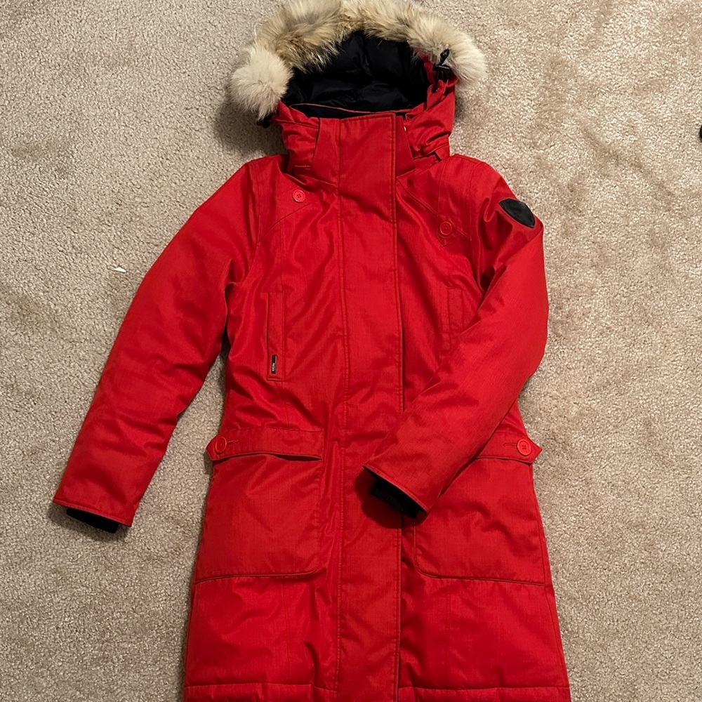 Women's Vibrant Red Ski Jacket with Faux Fur Hood